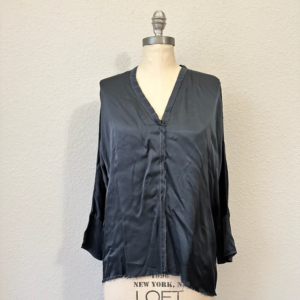 JAGA Blouse Black Satin Rayon V-Neck Long Sleeve Boxy Frayed Goth